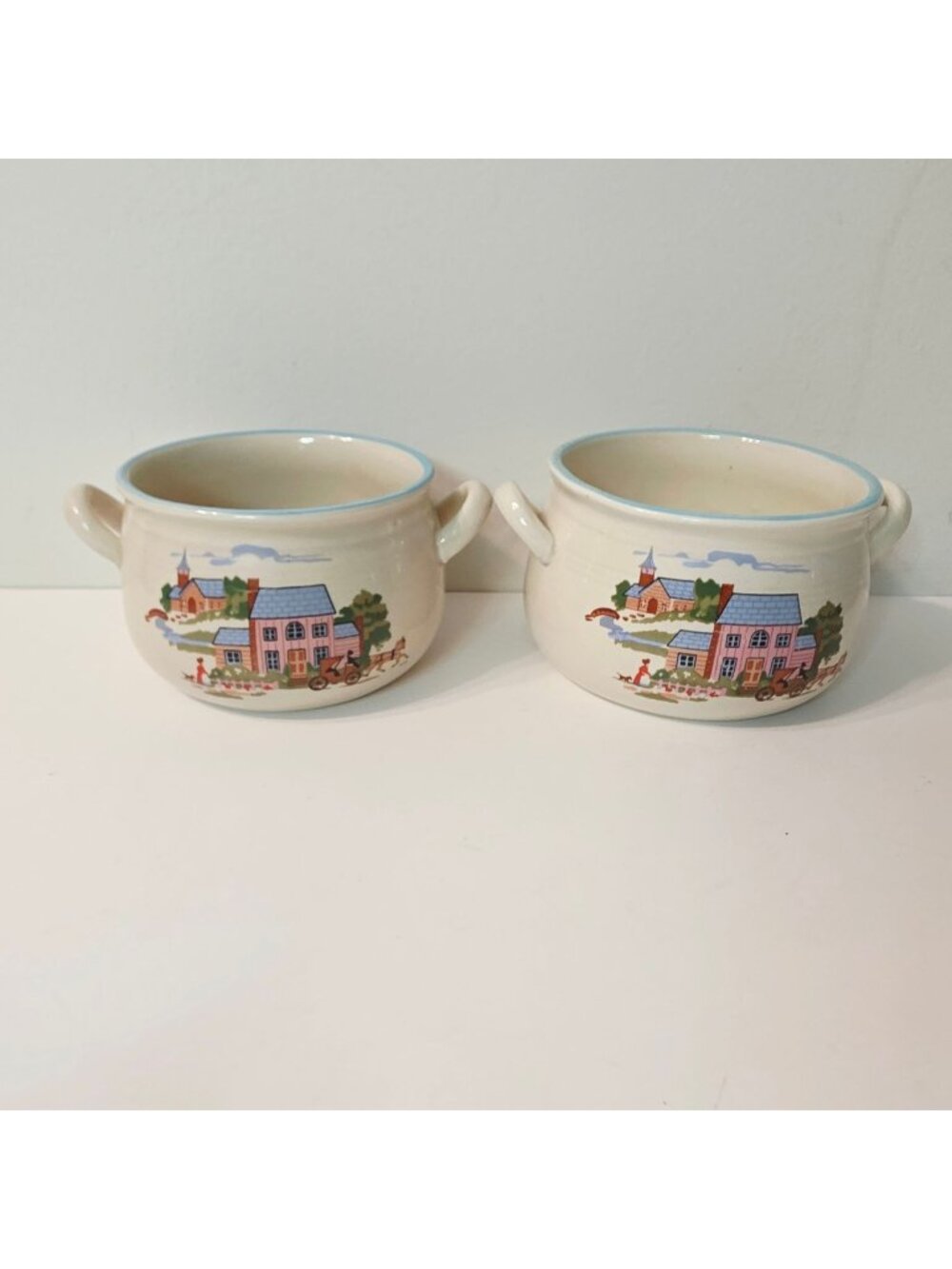 2 Vtg Stoneware Two Handle Soup Crock Handled Bowl Country Home Cottagecore